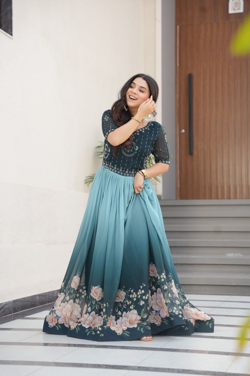 Reception Wear Sky Color Faux Blooming With Embroidered Work And Rich Floral Padding Digital Printed Gown