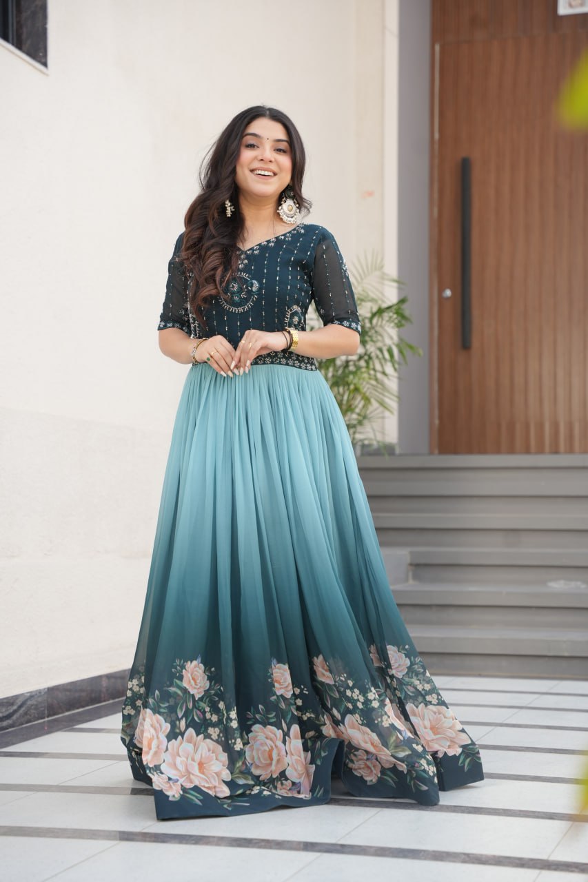 Reception Wear Sky Color Faux Blooming With Embroidered Work And Rich Floral Padding Digital Printed Gown