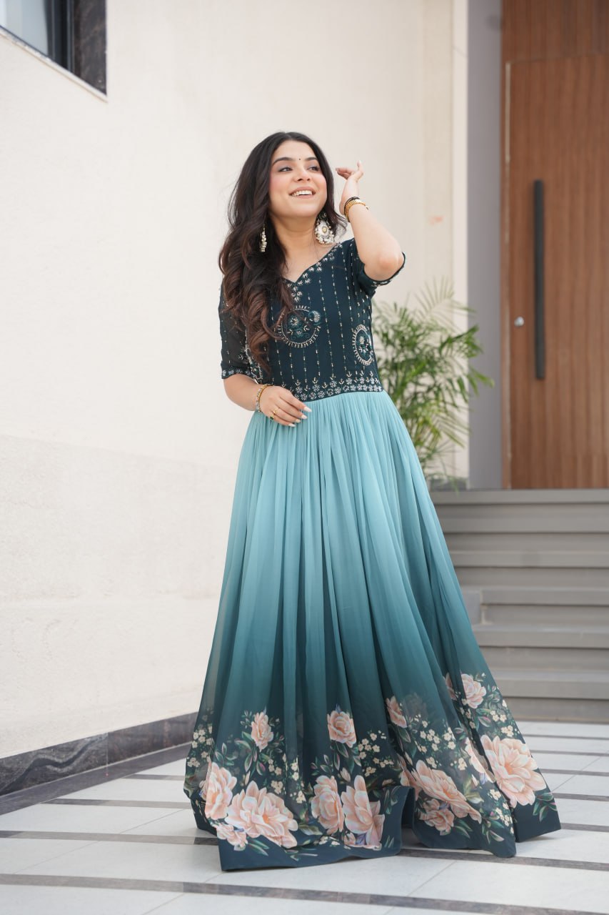 Reception Wear Sky Color Faux Blooming With Embroidered Work And Rich Floral Padding Digital Printed Gown
