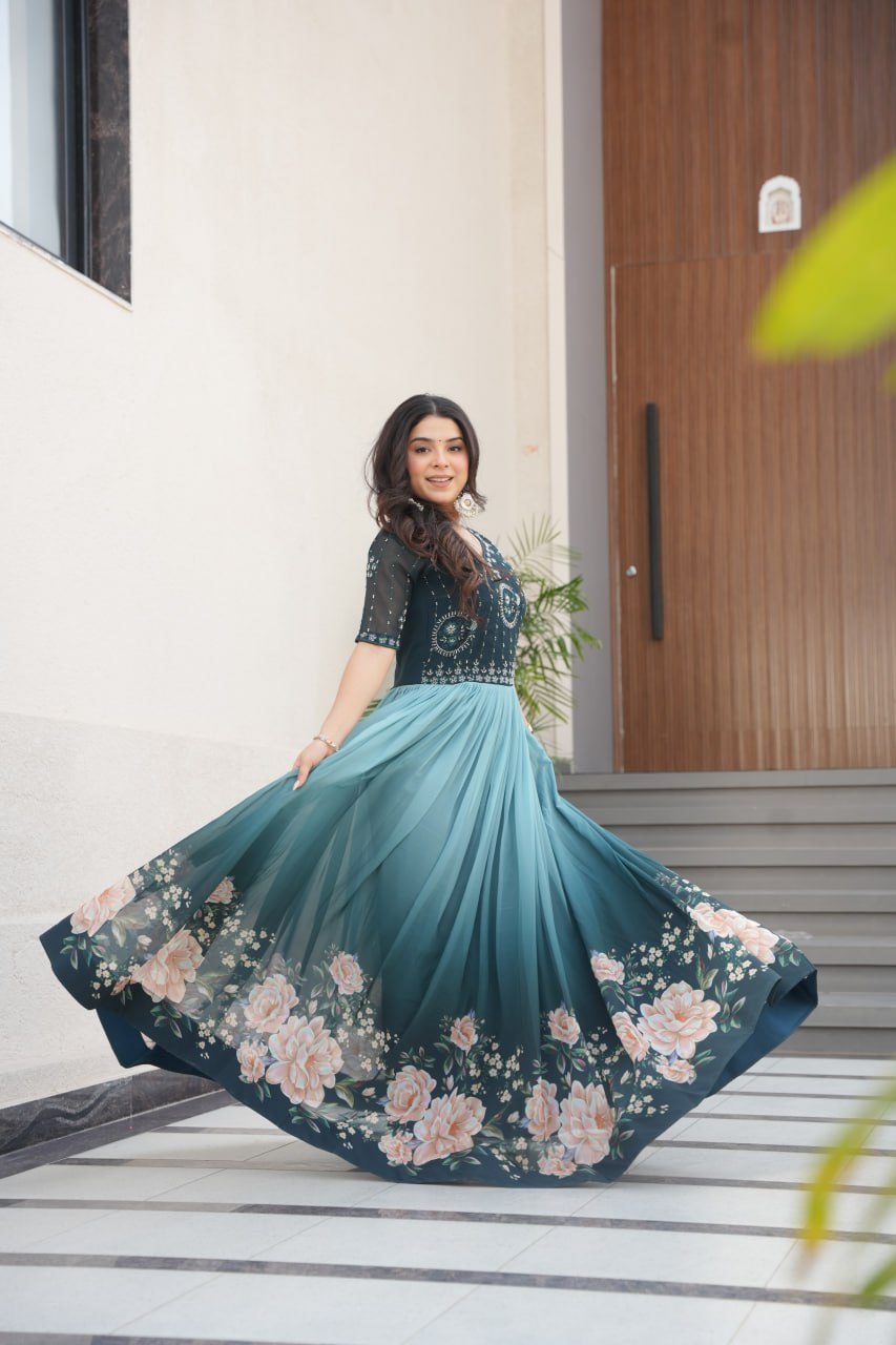 Reception Wear Sky Color Faux Blooming With Embroidered Work And Rich Floral Padding Digital Printed Gown