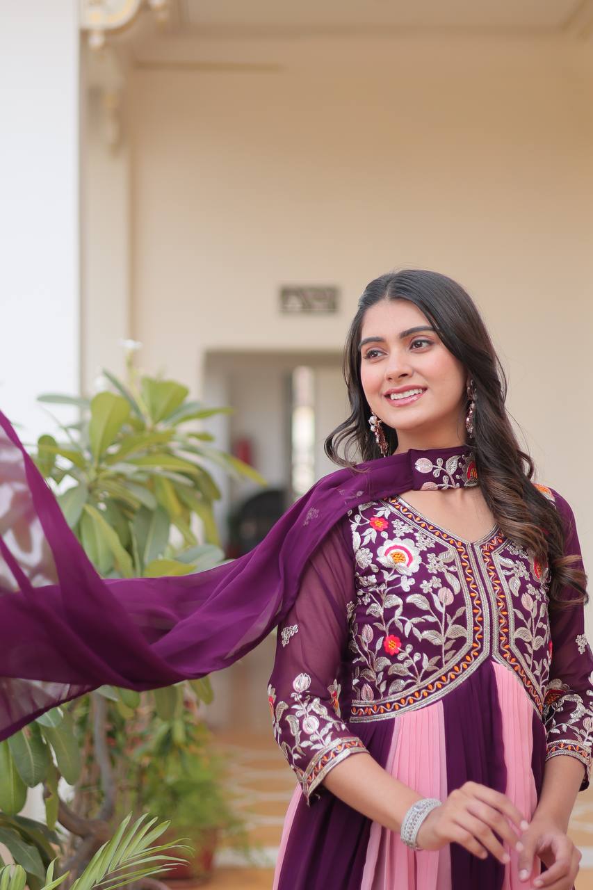 Alluring Pink And Wine Color Georgette With Sequence Embroidery Work Gown