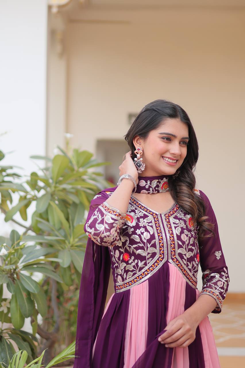 Alluring Pink And Wine Color Georgette With Sequence Embroidery Work Gown