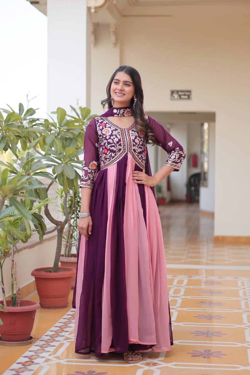 Alluring Pink And Wine Color Georgette With Sequence Embroidery Work Gown