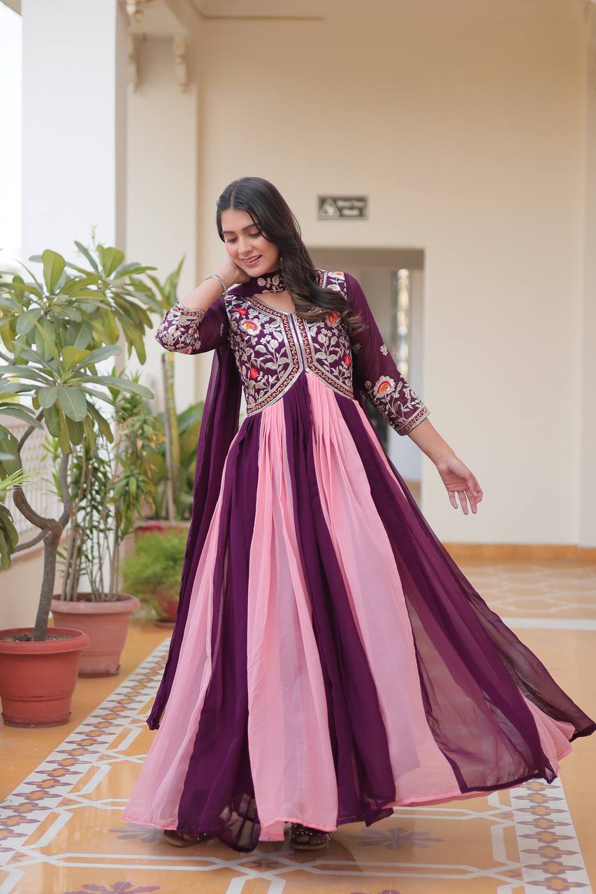 Alluring Pink And Wine Color Georgette With Sequence Embroidery Work Gown
