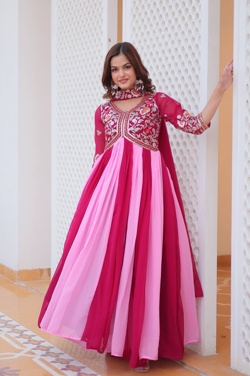 Alluring Pink And Red Color Georgette With Sequence Embroidery Work Gown