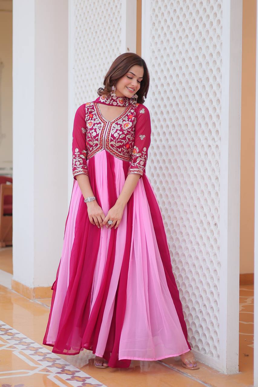 Alluring Pink And Red Color Georgette With Sequence Embroidery Work Gown