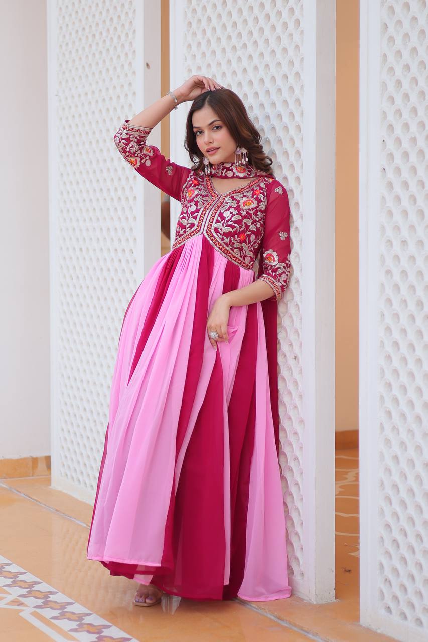 Alluring Pink And Red Color Georgette With Sequence Embroidery Work Gown