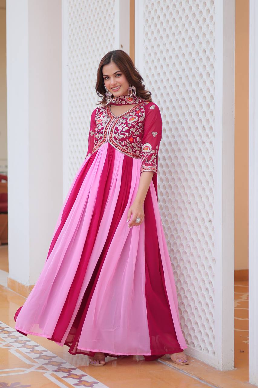 Alluring Pink And Red Color Georgette With Sequence Embroidery Work Gown