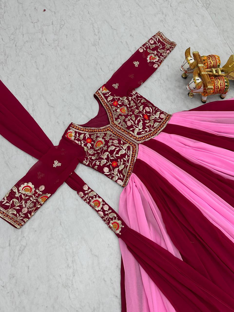 Alluring Pink And Red Color Georgette With Sequence Embroidery Work Gown