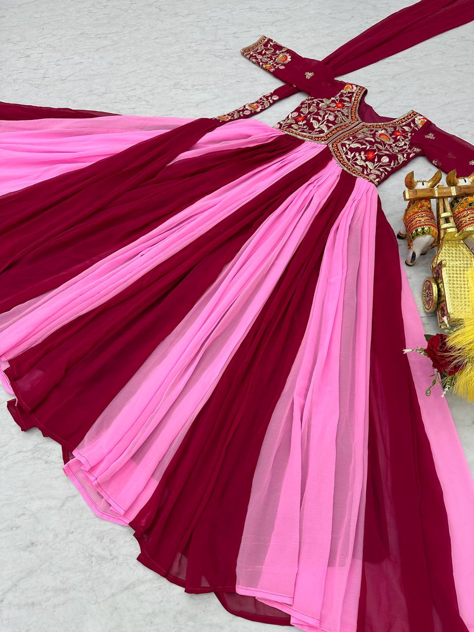 Alluring Pink And Red Color Georgette With Sequence Embroidery Work Gown