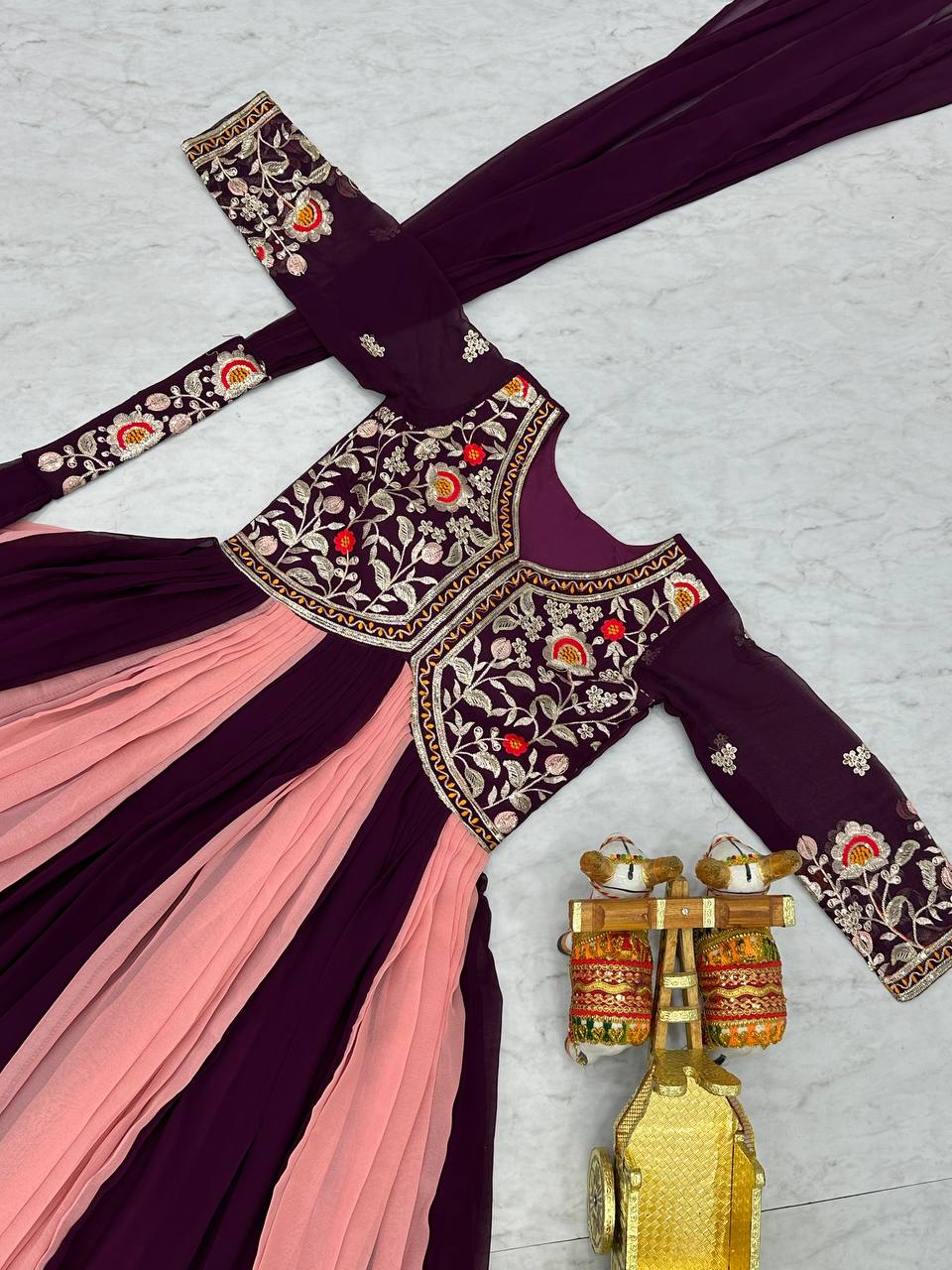 Alluring Pink And Wine Color Georgette With Sequence Embroidery Work Gown