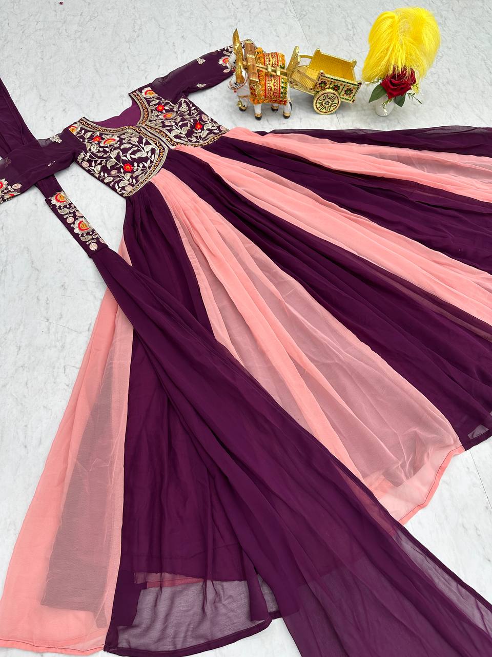 Alluring Pink And Wine Color Georgette With Sequence Embroidery Work Gown