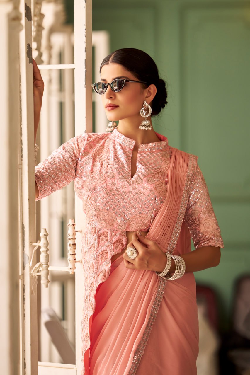 Party Wear Peach Color Chinon With Embroidery Work Ready To Wear Saree