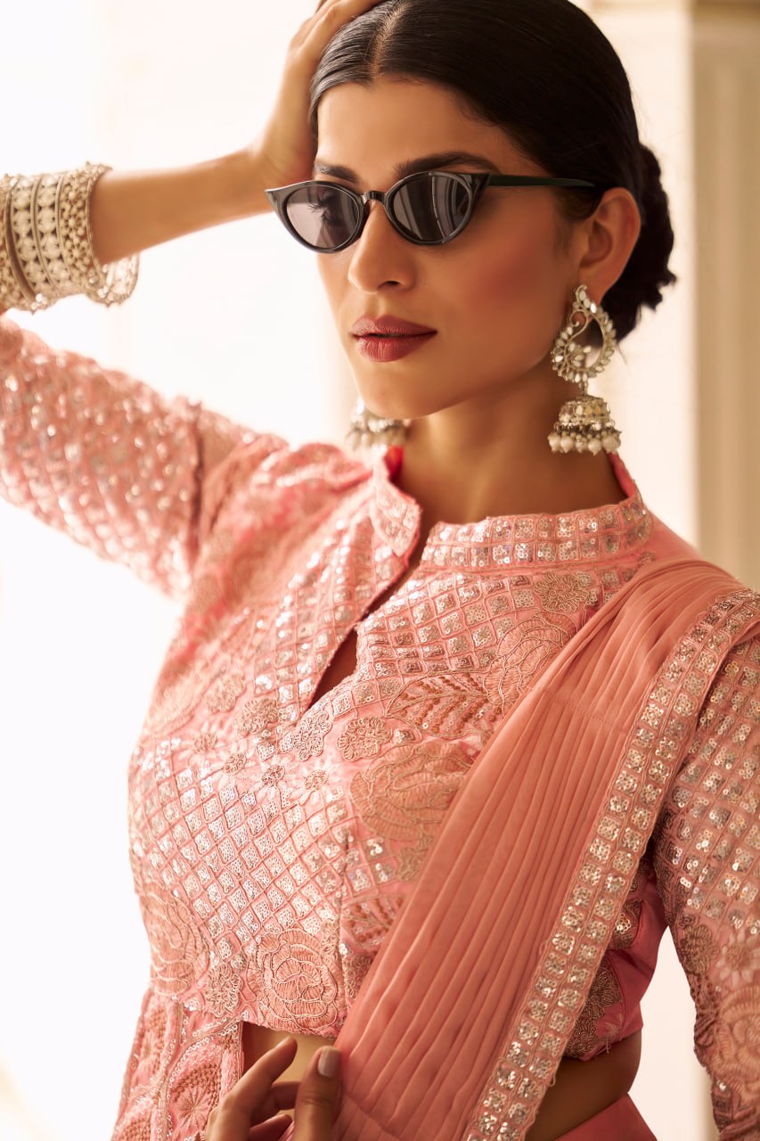 Party Wear Peach Color Chinon With Embroidery Work Ready To Wear Saree