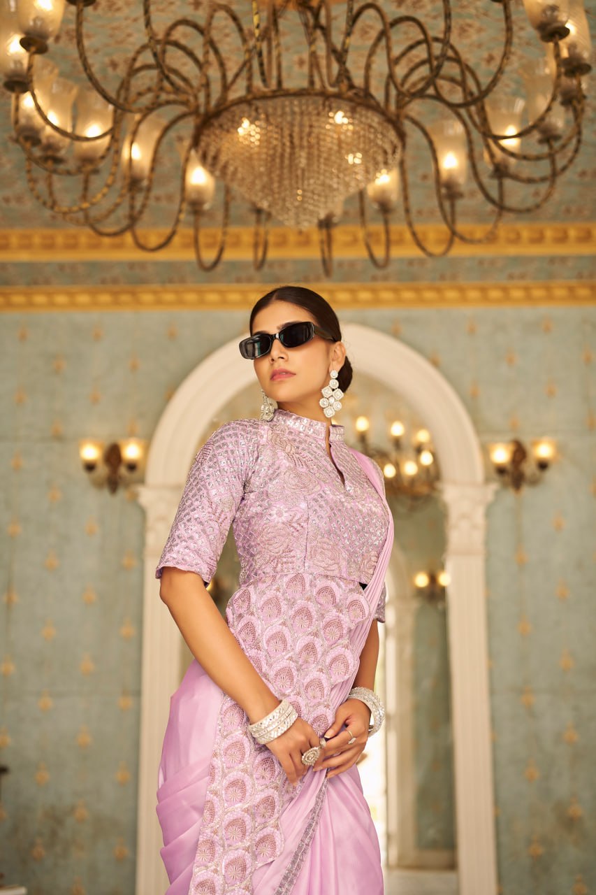 Party Wear Baby Pink Color Chinon With Embroidery Work Ready To Wear Saree