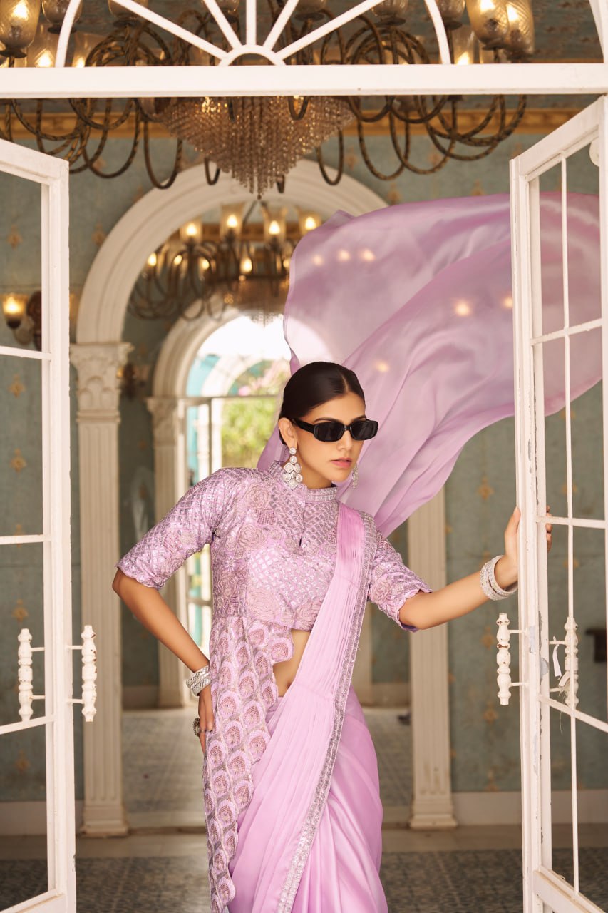 Party Wear Baby Pink Color Chinon With Embroidery Work Ready To Wear Saree