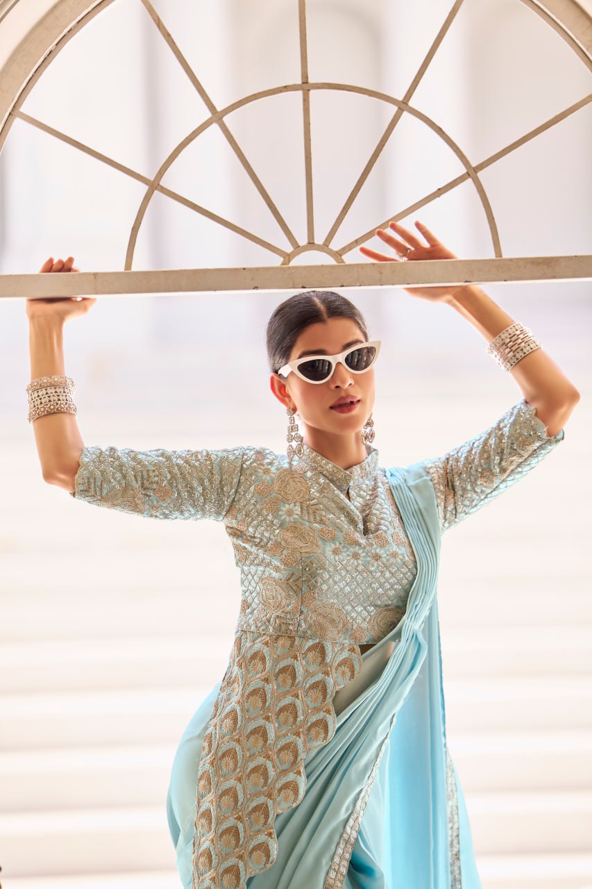 Party Wear Sky Blue Color Chinon With Embroidery Work Ready To Wear Saree