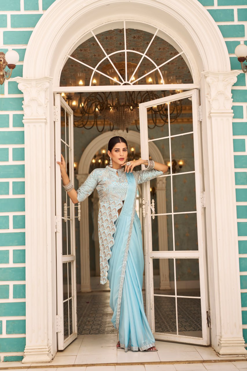 Party Wear Sky Blue Color Chinon With Embroidery Work Ready To Wear Saree