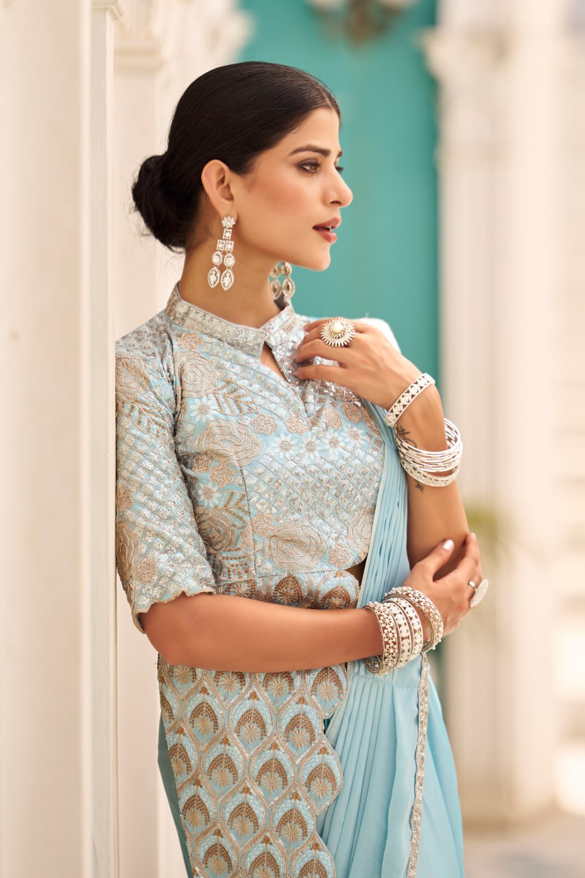 Party Wear Sky Blue Color Chinon With Embroidery Work Ready To Wear Saree