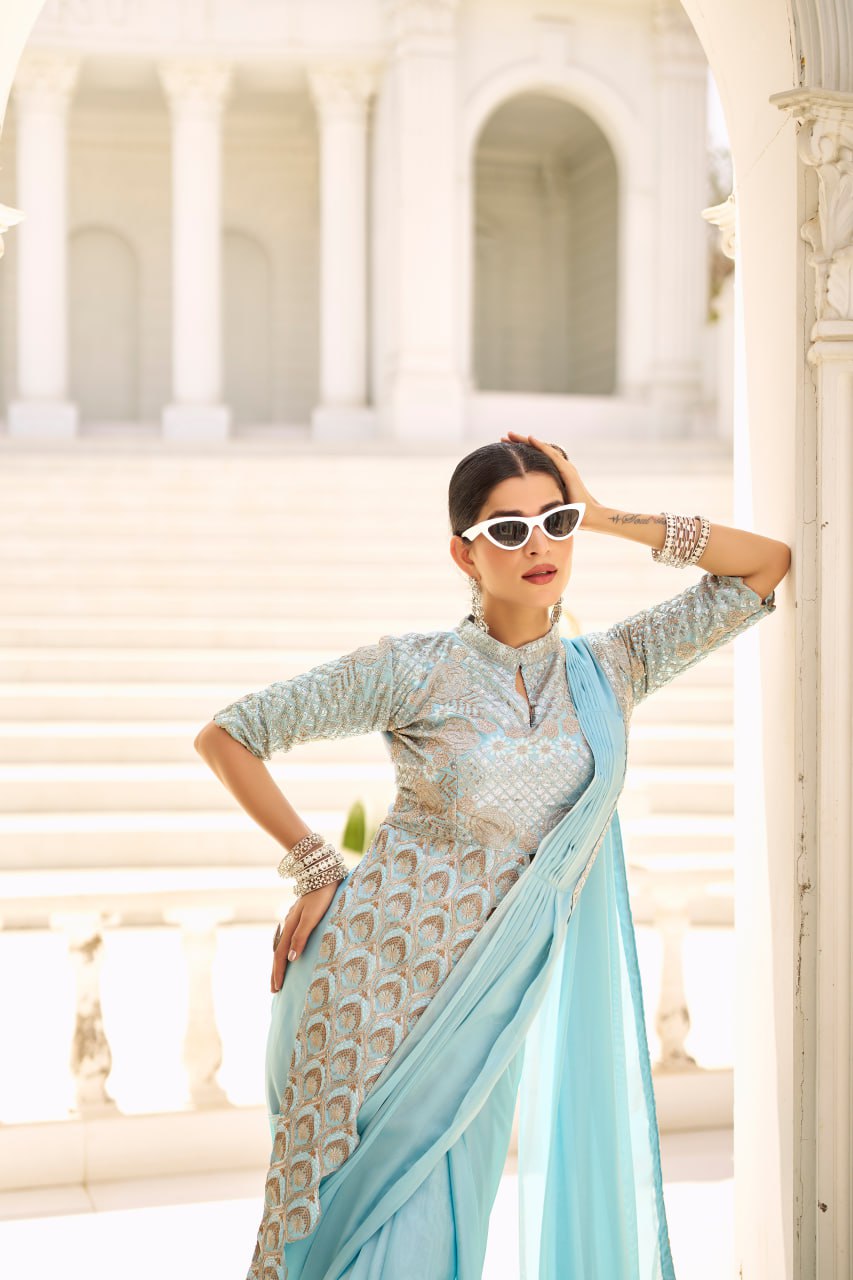 Party Wear Sky Blue Color Chinon With Embroidery Work Ready To Wear Saree