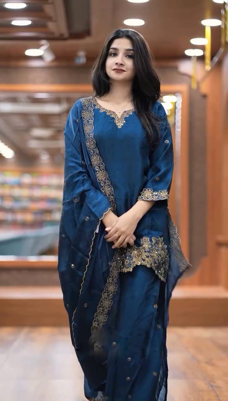 Trendy Teal Color Jimmy Choo Silk With Heavy Embroidery Sequence Work Palazzo Suit