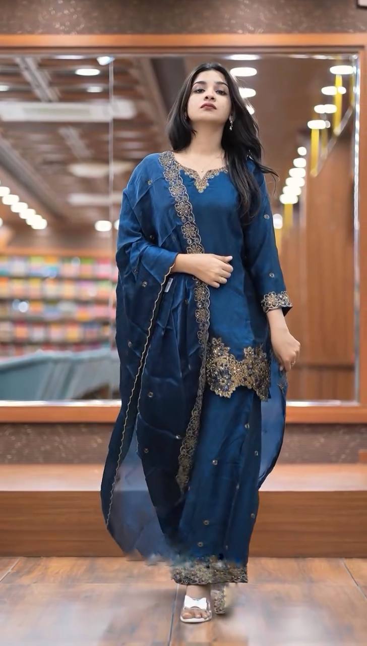 Trendy Teal Color Jimmy Choo Silk With Heavy Embroidery Sequence Work Palazzo Suit