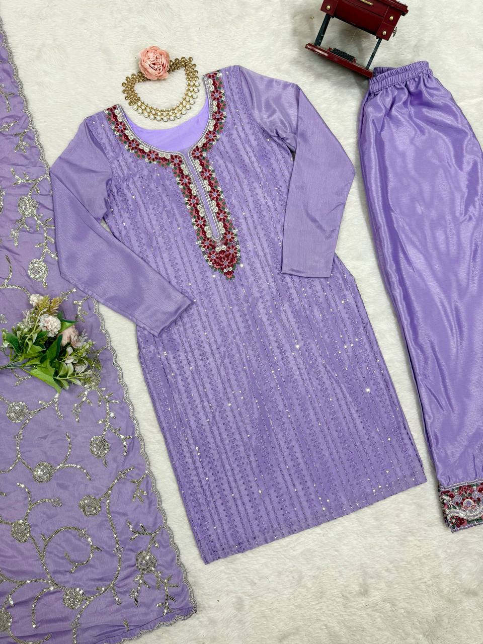 Superhit Lavender Color Chinon Silk Thread With Sequence Work Salwar Suit