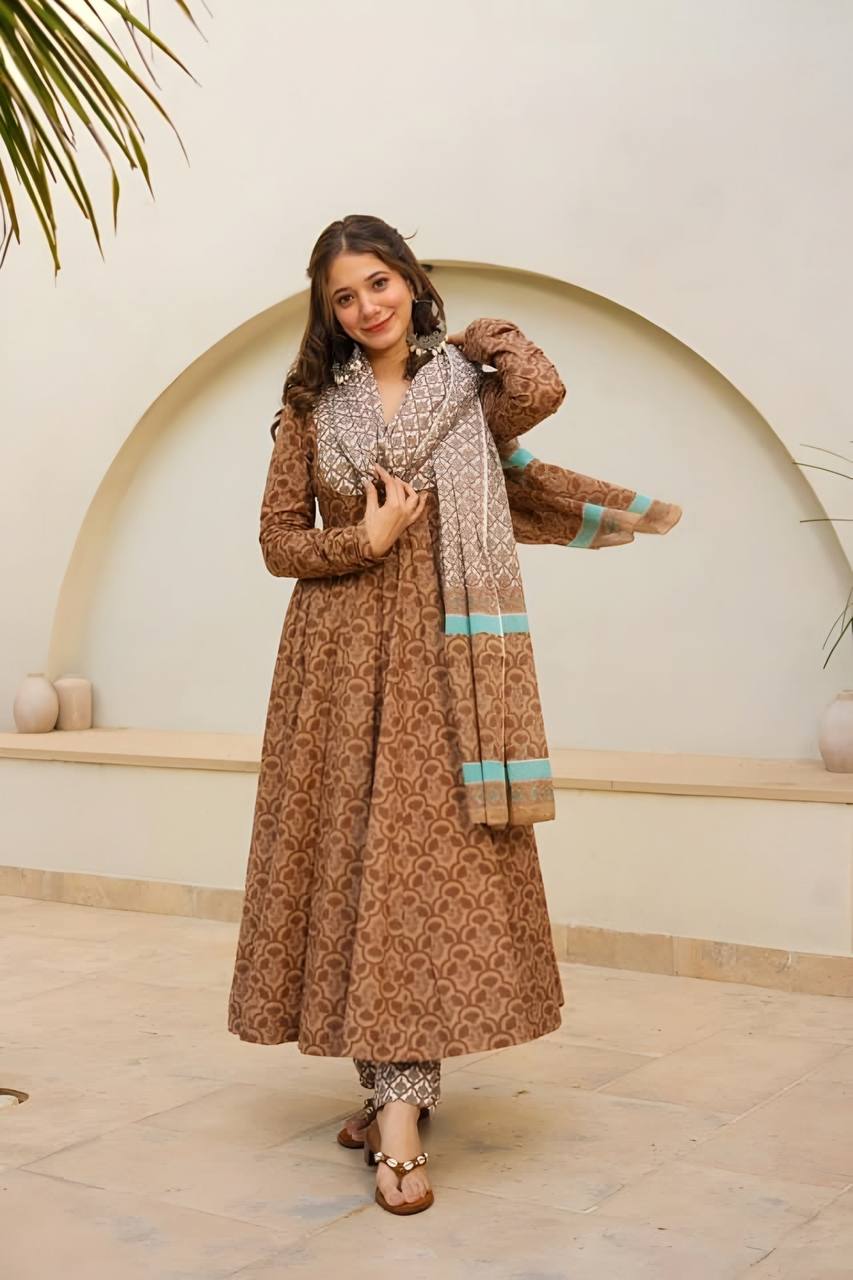 Party Wear Brown Color Maslin Fabric Digital Printed Work Anarkali Suit