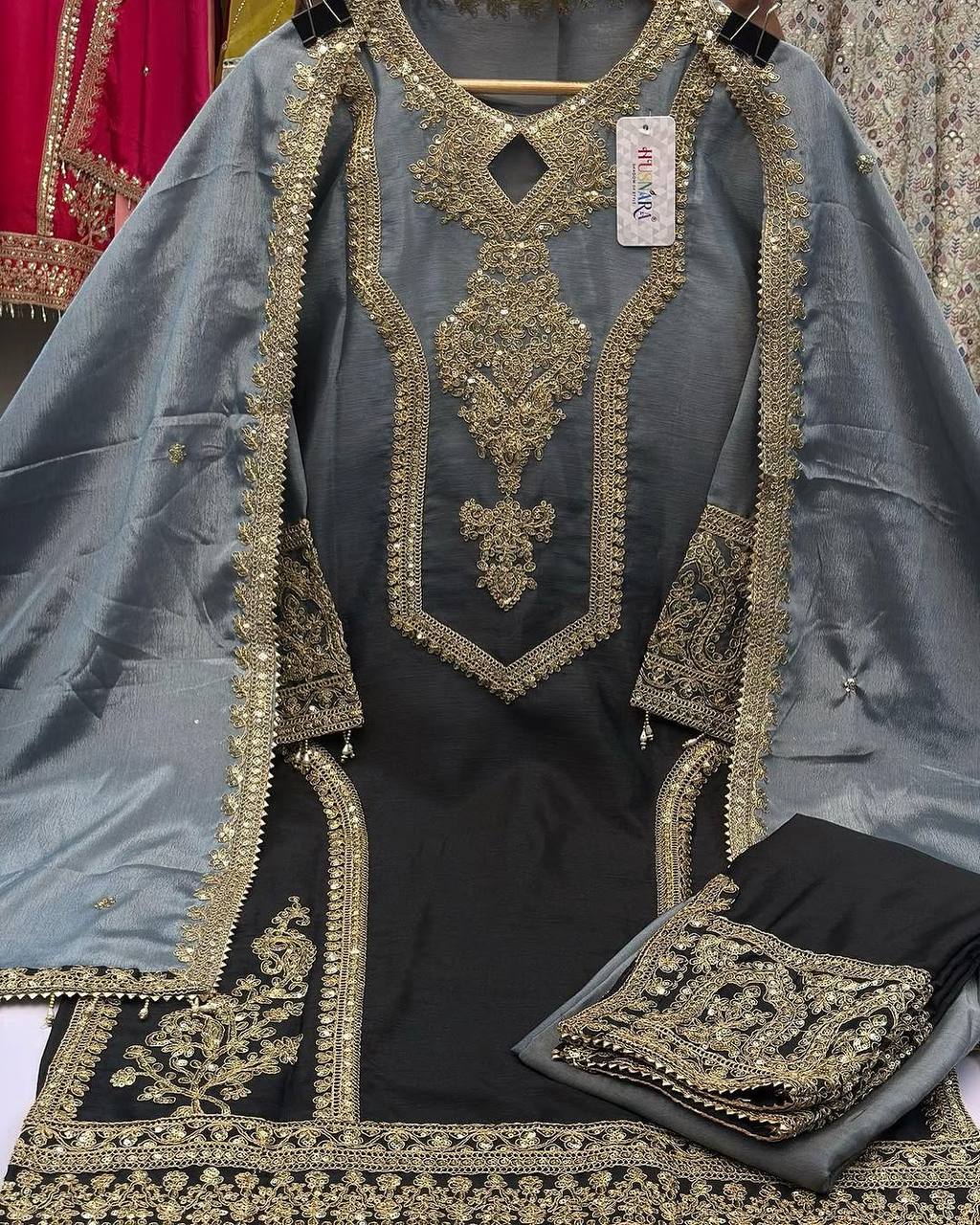 Festive Wear Black Color Pure Dual Tone Padding Chinon Silk With Embroidery Work Pakistani Suit