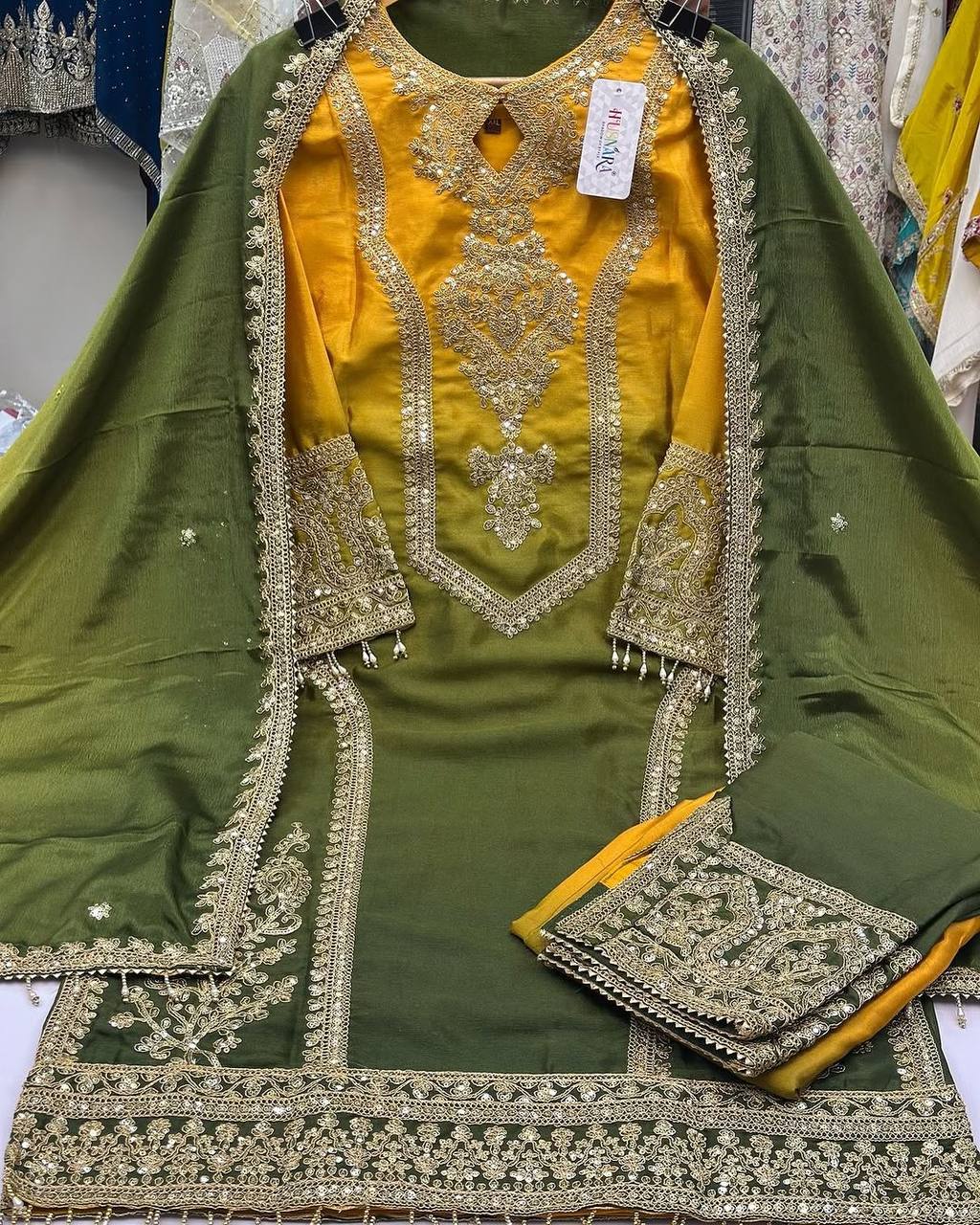 Festive Wear Mustard Color Pure Dual Tone Padding Chinon Silk With Embroidery Work Pakistani Suit