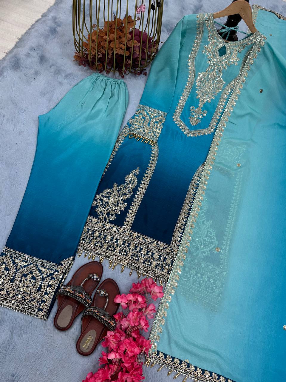 Festive Wear Sky Color Pure Dual Tone Padding Chinon Silk With Embroidery Work Pakistani Suit