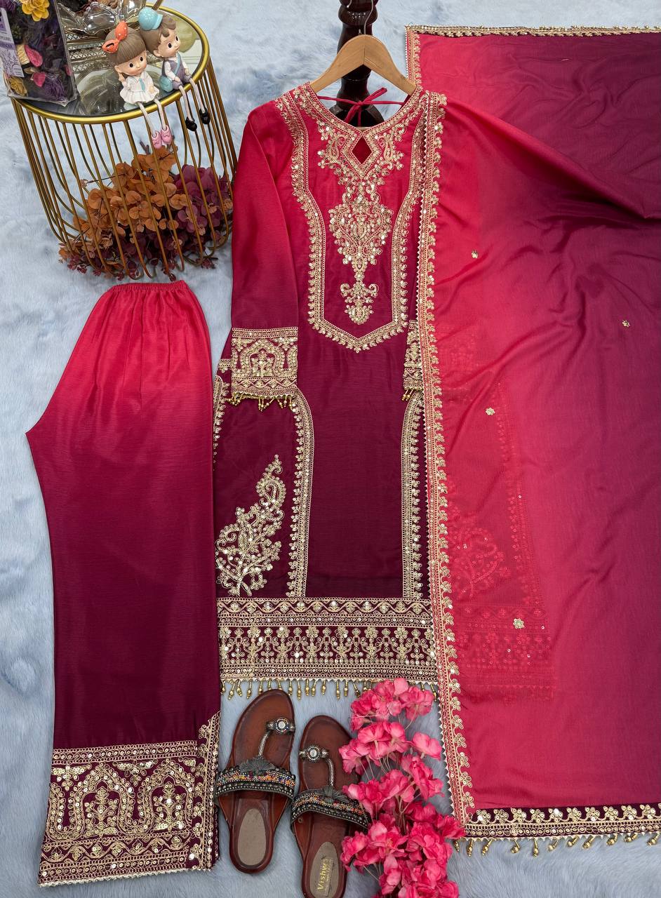 Festive Wear Pink And Maroon Color Pure Dual Tone Padding Chinon Silk With Embroidery Work Pakistani Suit