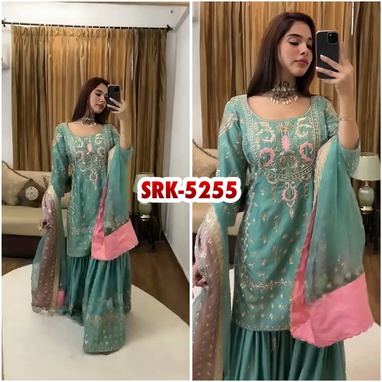 Celebrity Style Green color Heavy Chinnon silk With Embroidery Sequence Work Sharara Suit