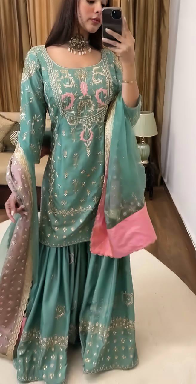 Celebrity Style Green color Heavy Chinnon silk With Embroidery Sequence Work Sharara Suit