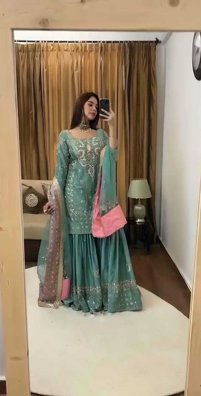 Celebrity Style Green color Heavy Chinnon silk With Embroidery Sequence Work Sharara Suit