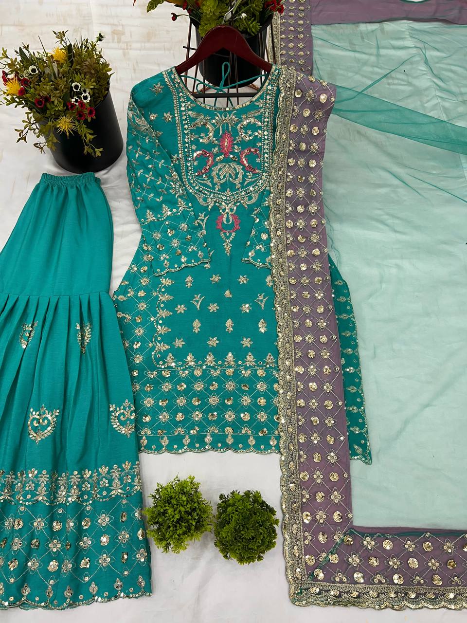Celebrity Style Green color Heavy Chinnon silk With Embroidery Sequence Work Sharara Suit