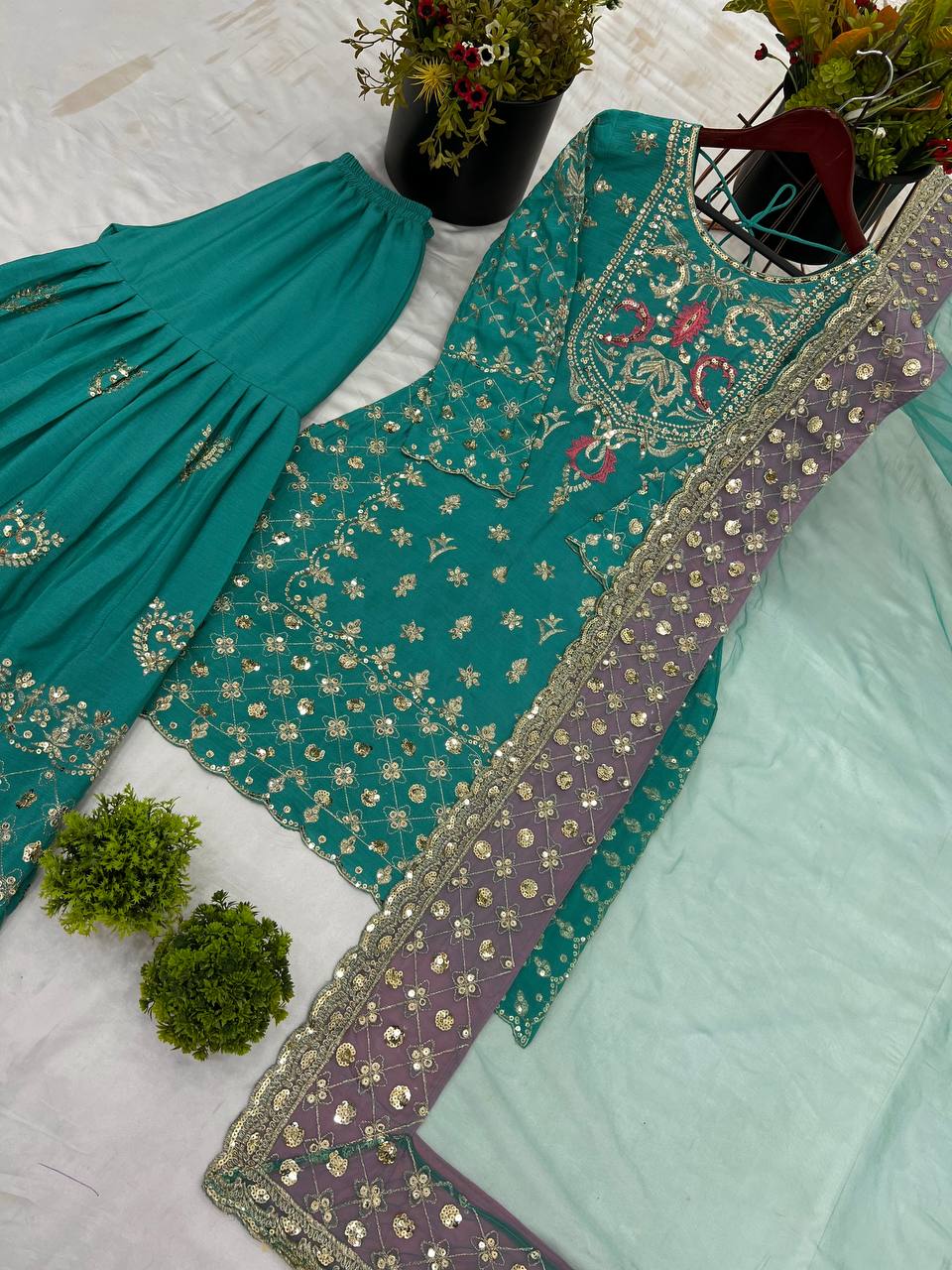 Celebrity Style Green color Heavy Chinnon silk With Embroidery Sequence Work Sharara Suit