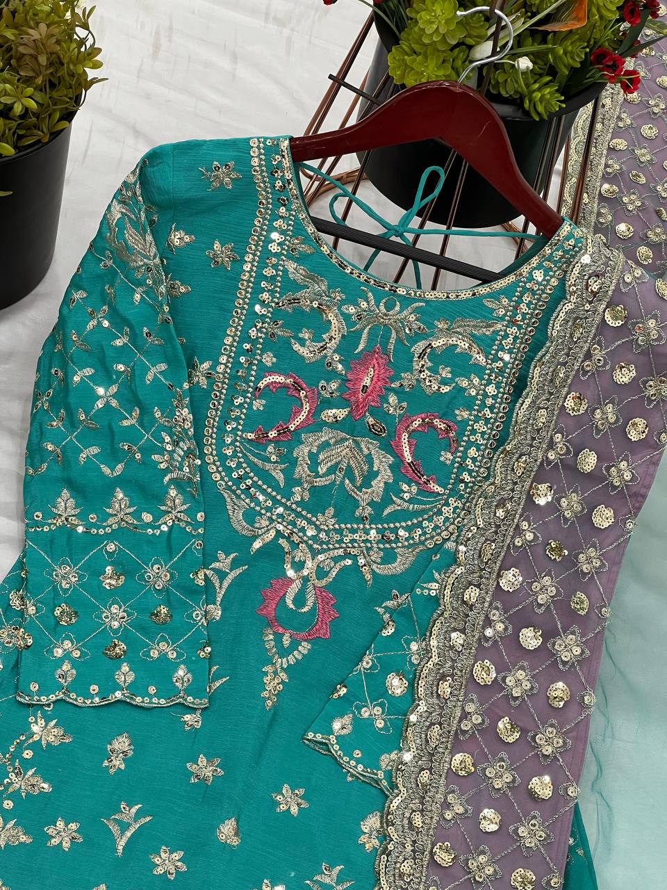 Celebrity Style Green color Heavy Chinnon silk With Embroidery Sequence Work Sharara Suit