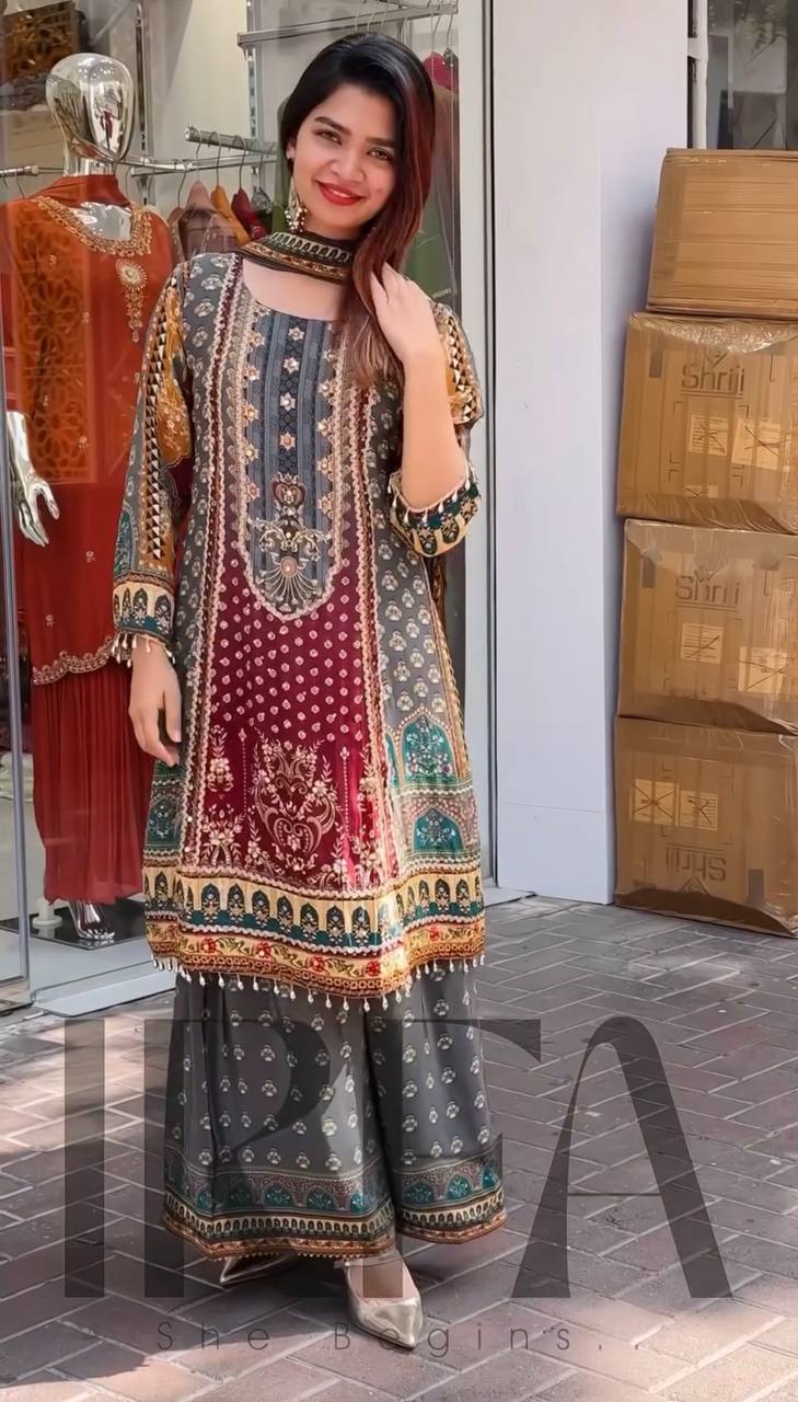 Exclusive Maroon Color Heavy Faux Georgette Digital Print With Real Mirror Hand Work Palazzo Suit