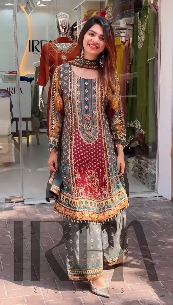 Exclusive Maroon Color Heavy Faux Georgette Digital Print With Real Mirror Hand Work Palazzo Suit