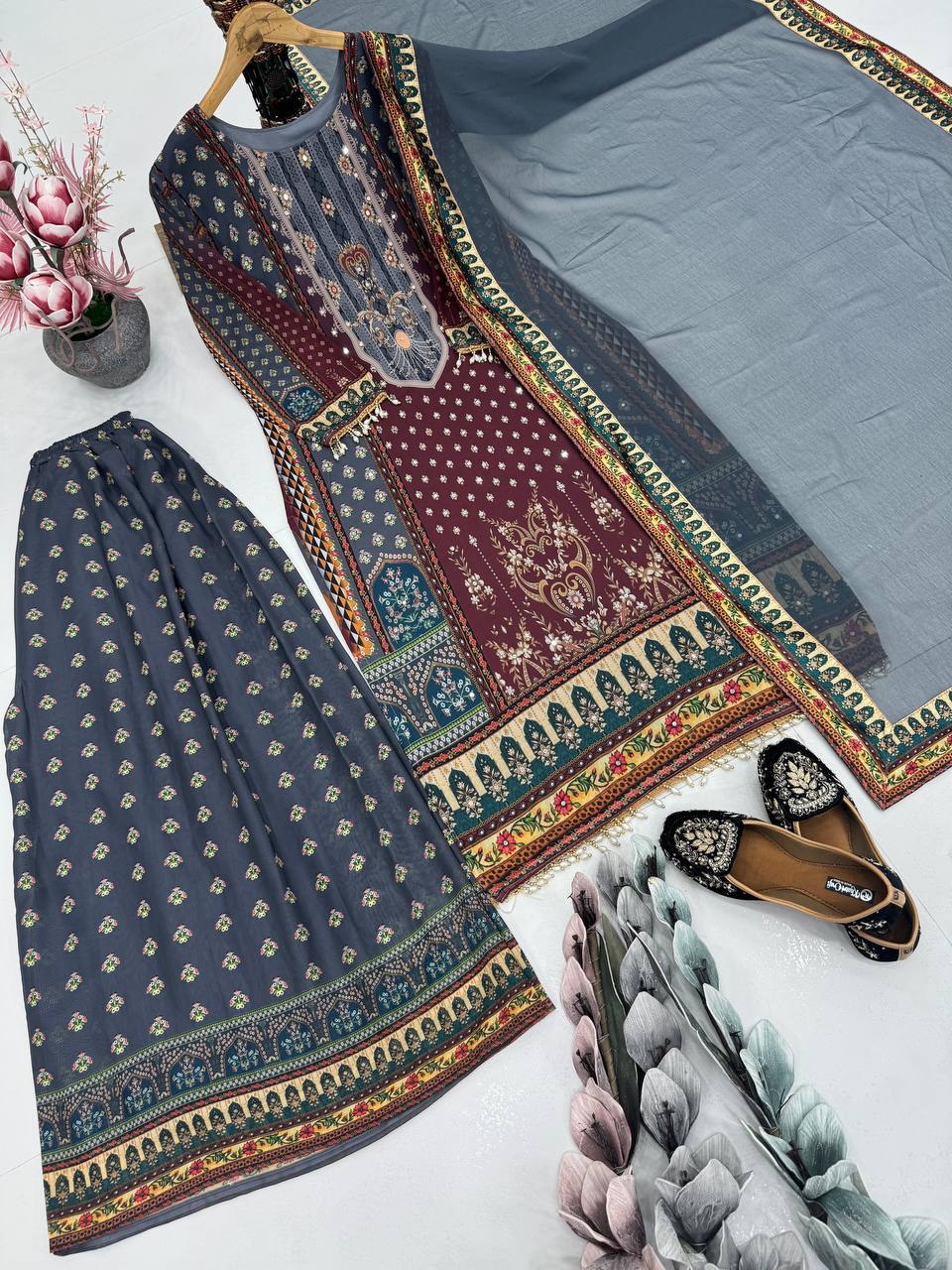 Exclusive Maroon Color Heavy Faux Georgette Digital Print With Real Mirror Hand Work Palazzo Suit