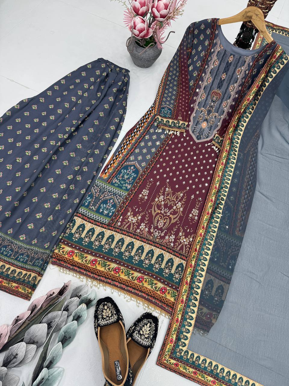 Exclusive Maroon Color Heavy Faux Georgette Digital Print With Real Mirror Hand Work Palazzo Suit