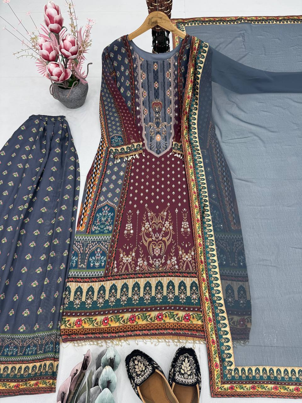Exclusive Maroon Color Heavy Faux Georgette Digital Print With Real Mirror Hand Work Palazzo Suit