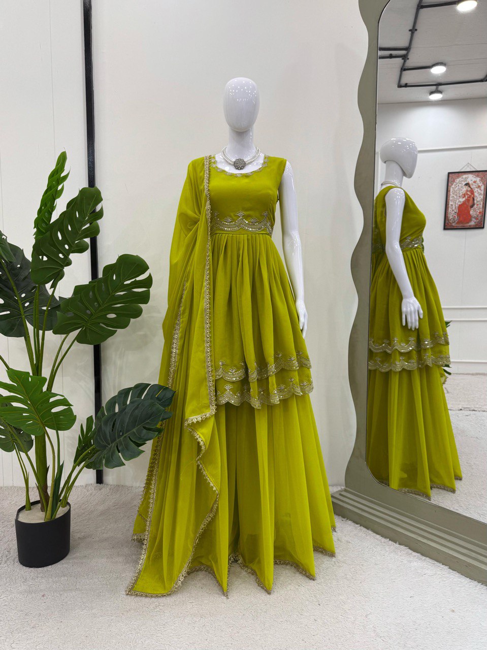 Innovative Green Color Faux Georgette Thread With Sequence Work Palazzo Suit