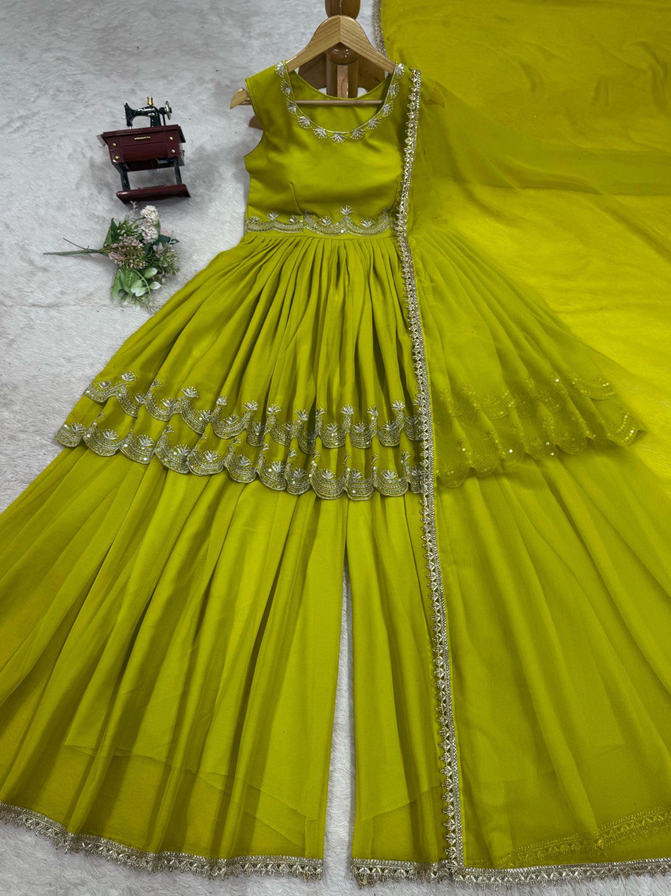 Innovative Green Color Faux Georgette Thread With Sequence Work Palazzo Suit