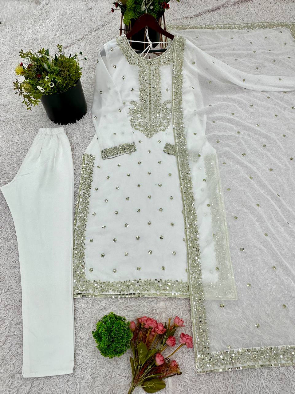 Casual Wear White Color Heavy Georgette With Heavy Embroidery Sequence Work Salwar Suit