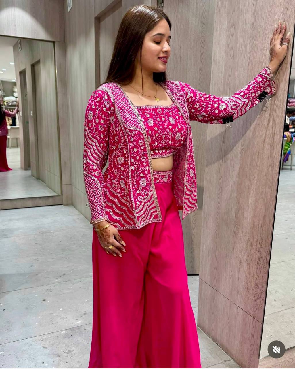 Wedding Wear Pink Color Chinon Silk Embroidery Sequins Thread Work Koti With Palazzo Suit