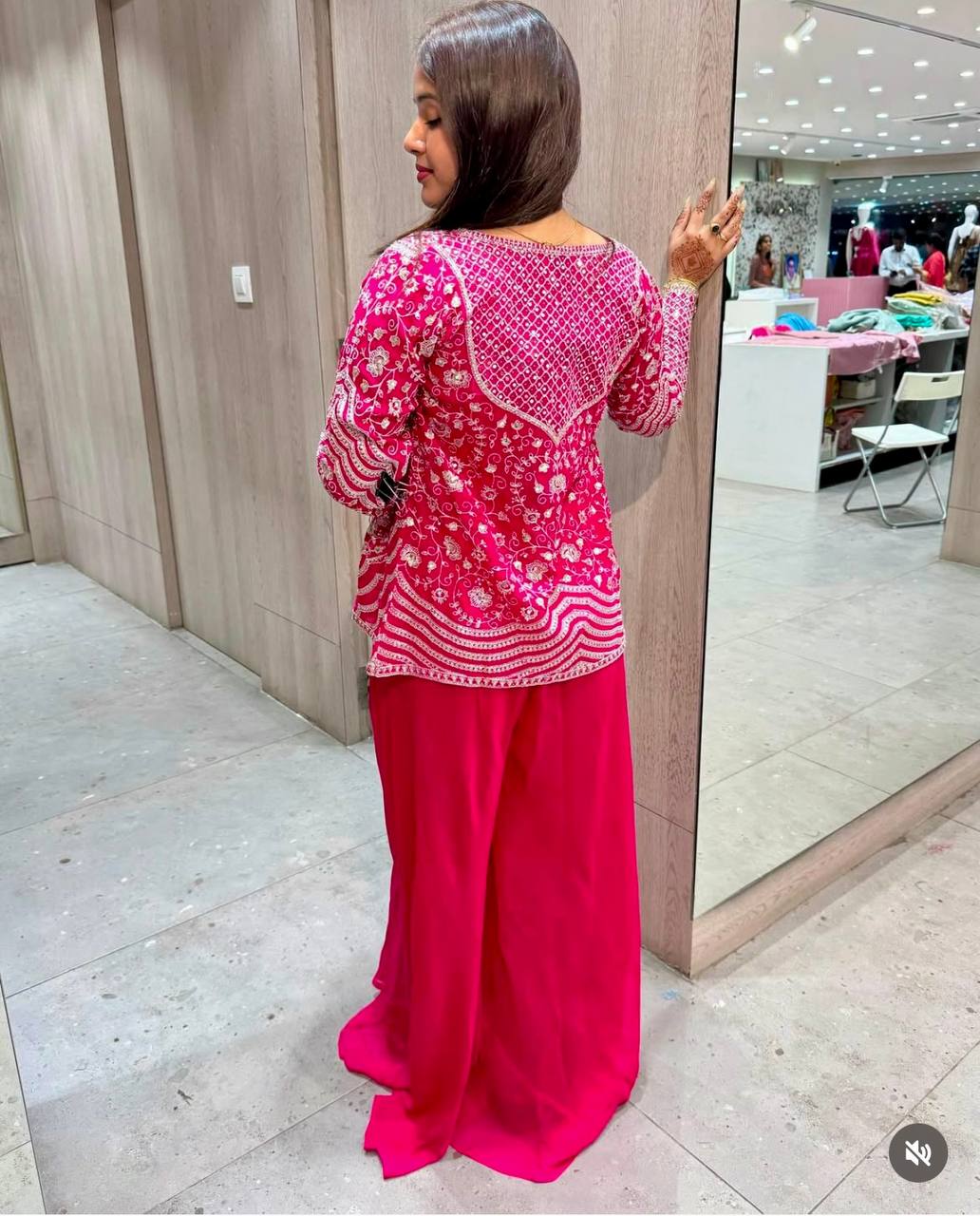 Wedding Wear Pink Color Chinon Silk Embroidery Sequins Thread Work Koti With Palazzo Suit