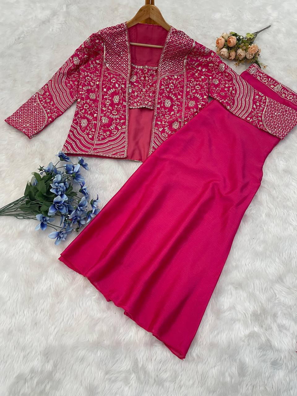 Wedding Wear Pink Color Chinon Silk Embroidery Sequins Thread Work Koti With Palazzo Suit