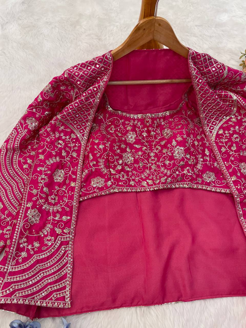 Wedding Wear Pink Color Chinon Silk Embroidery Sequins Thread Work Koti With Palazzo Suit